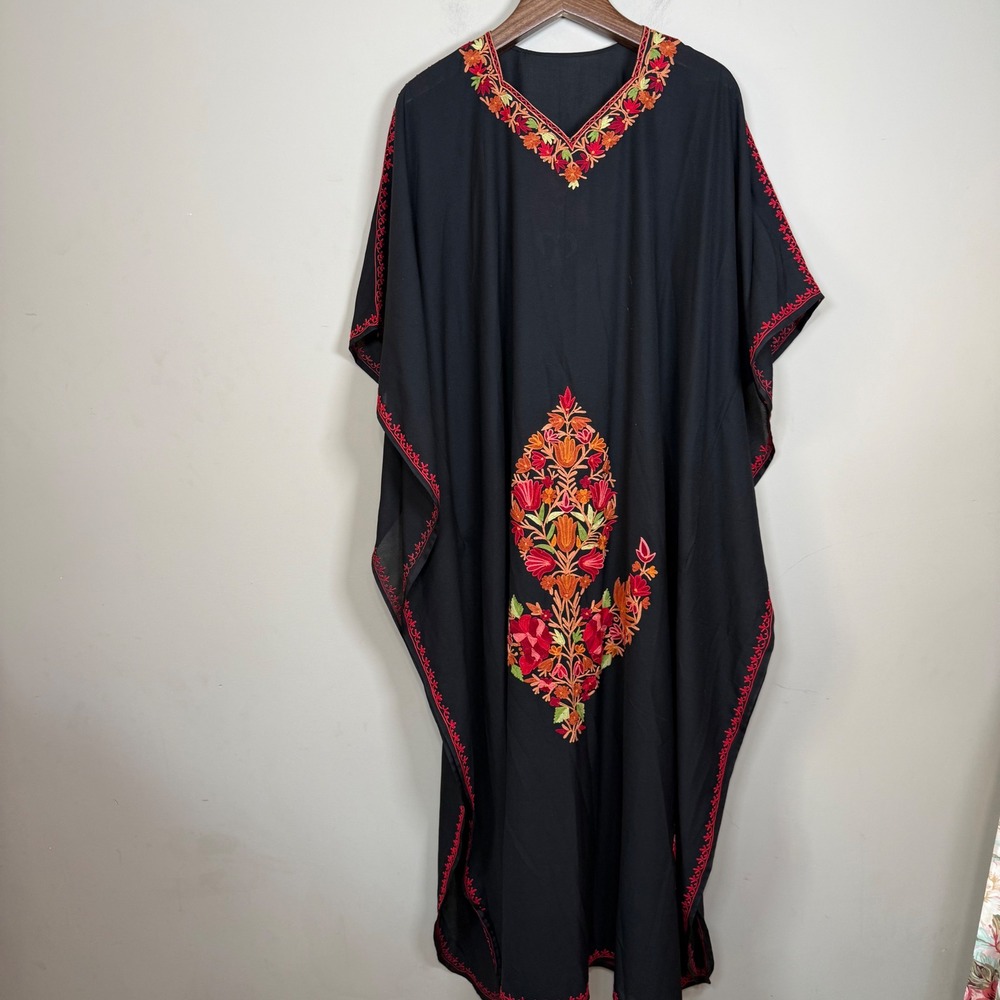 Bohemian Ethnic Artisanal Black Floral Embroidered Kaftan One Size